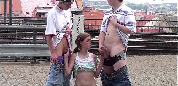  Young teen girl Alexis Crystal PUBLIC sex threesome orgy at the railway station